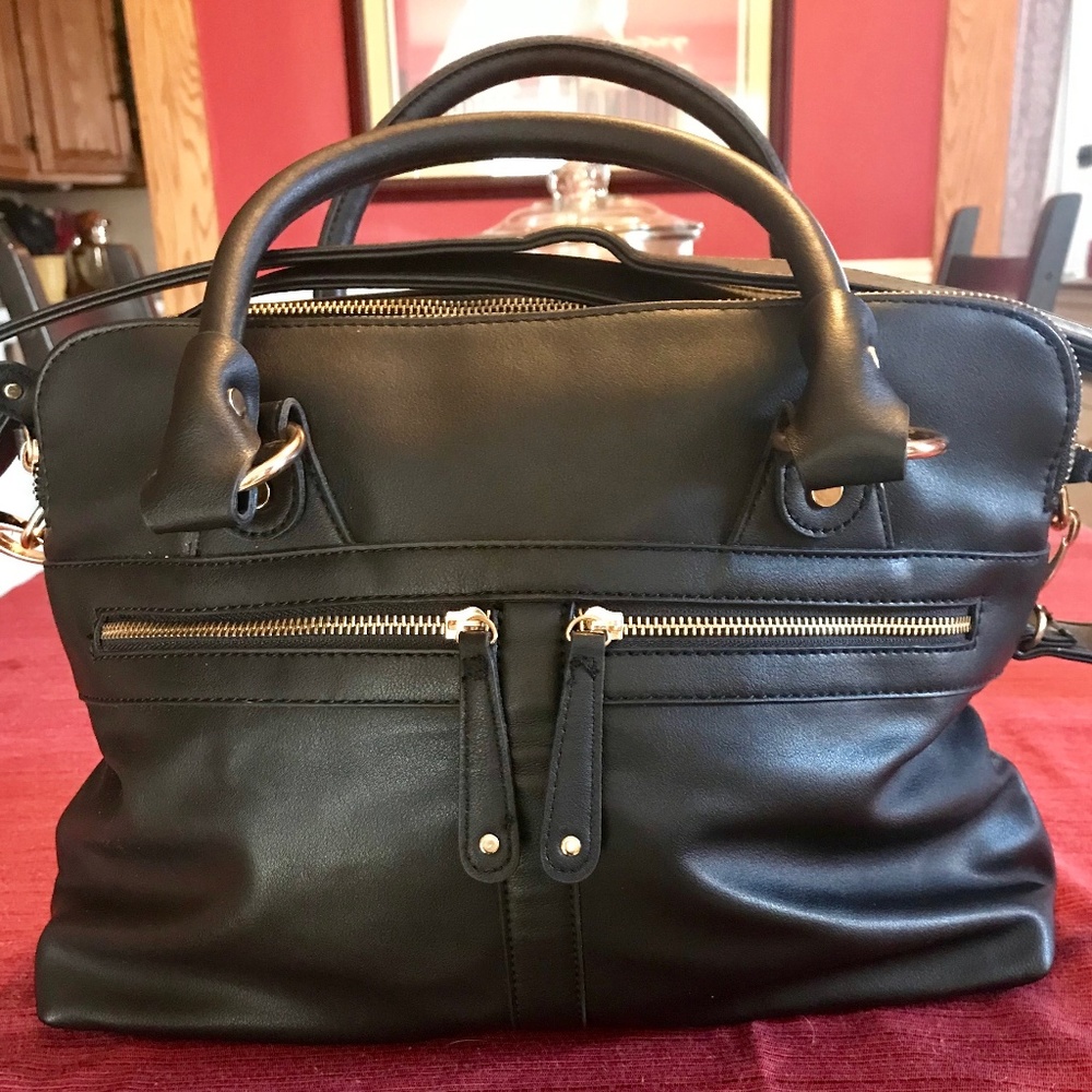Black (faux) Leather Satchel with Cross Body Strap